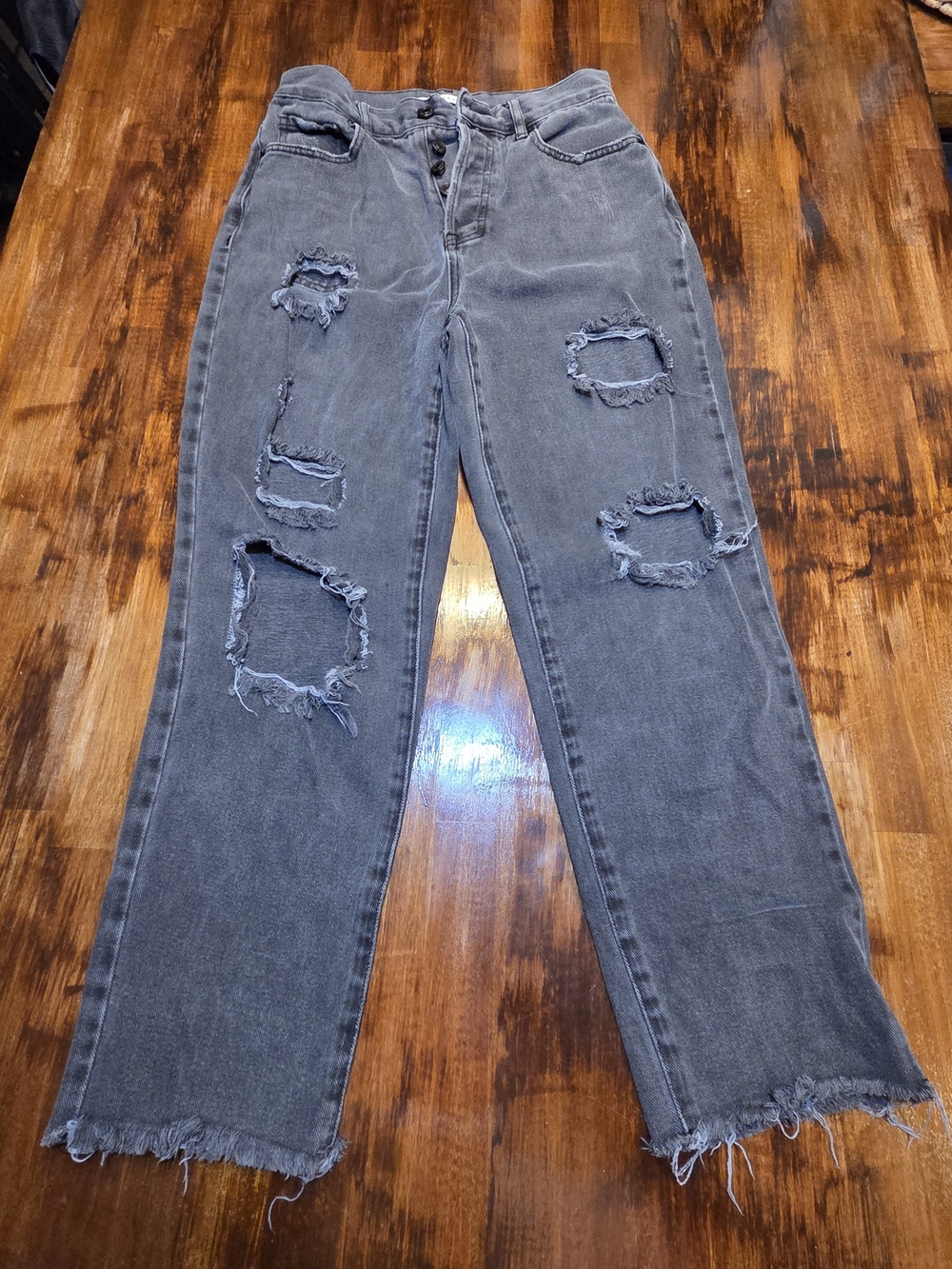 PacSun Jeans Women Size 26 Gray Straight Denim High Rise Distressed/Trashed Fray